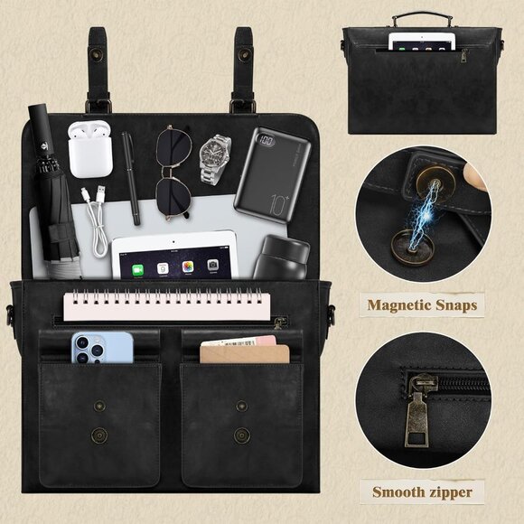 Men's Black 15.6 Inch Water proof Laptop Bag Leather Briefcase Computer Bag - Picture 4 of 6